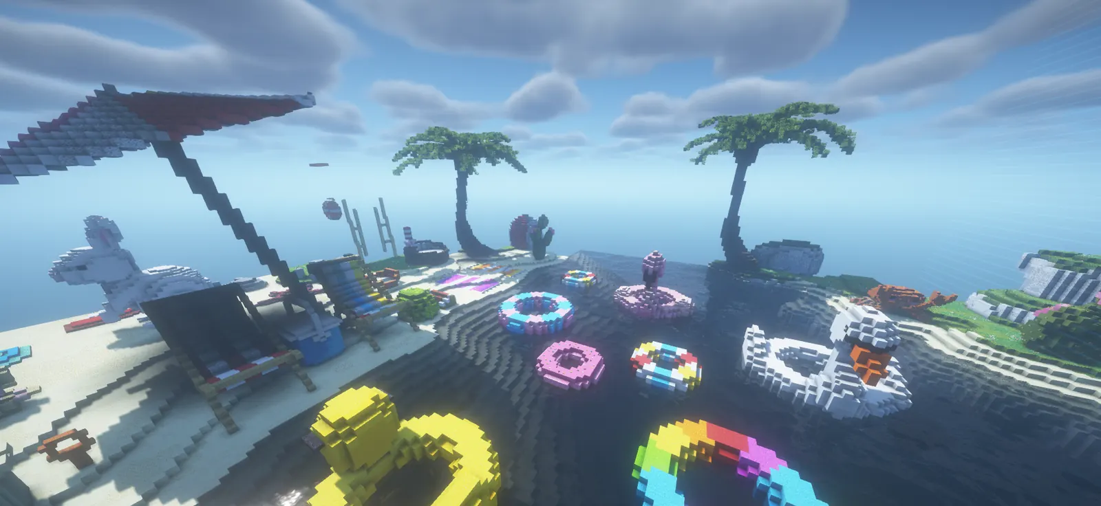 The beach on the Gens map, pool floats drifting under two palm trees