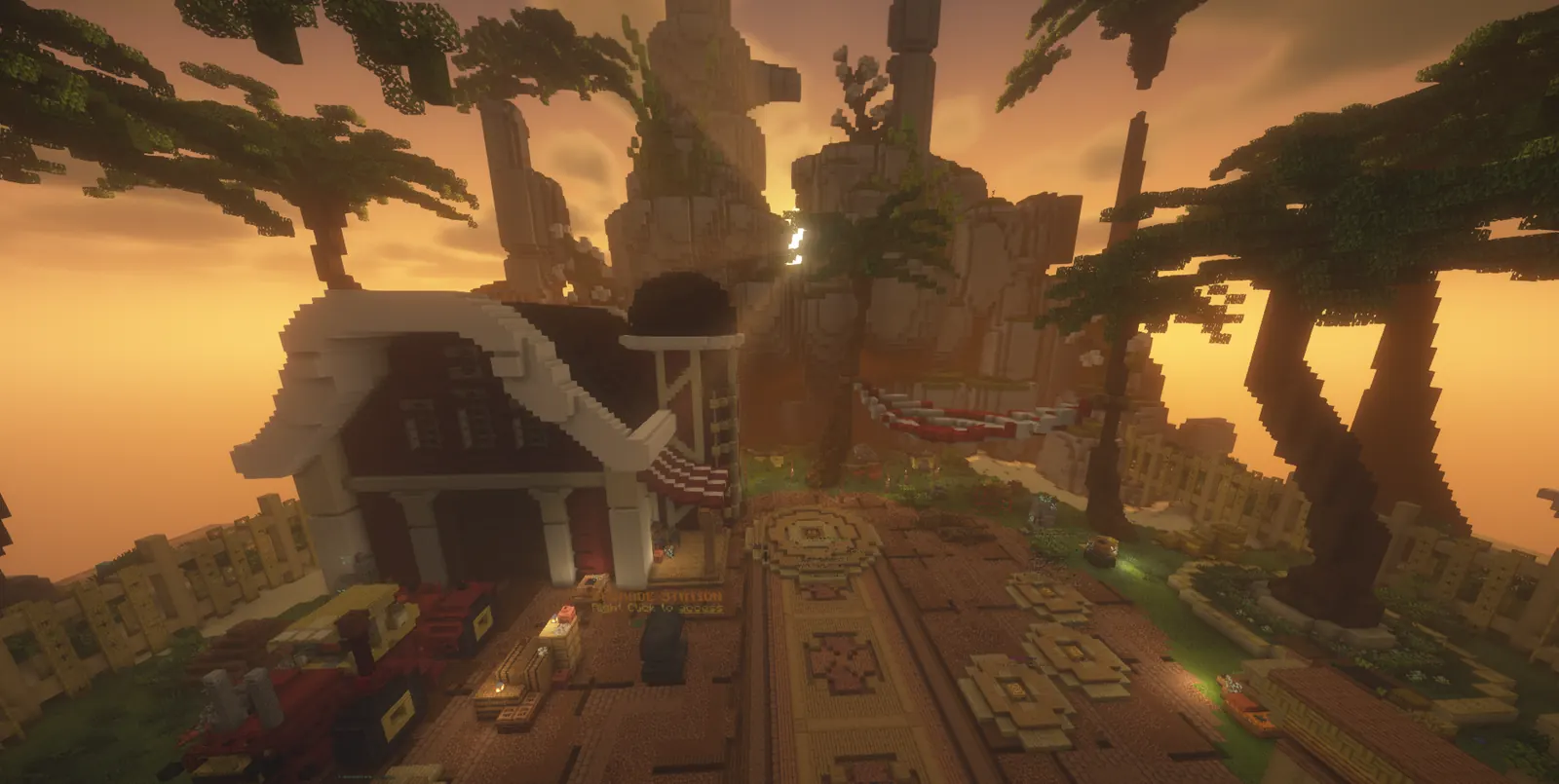 The upgrade station barn on the Gens map at sunset