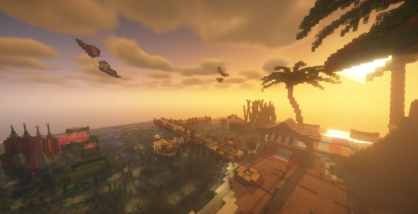 The docks on the Gens map with airships crossing a sunset sky