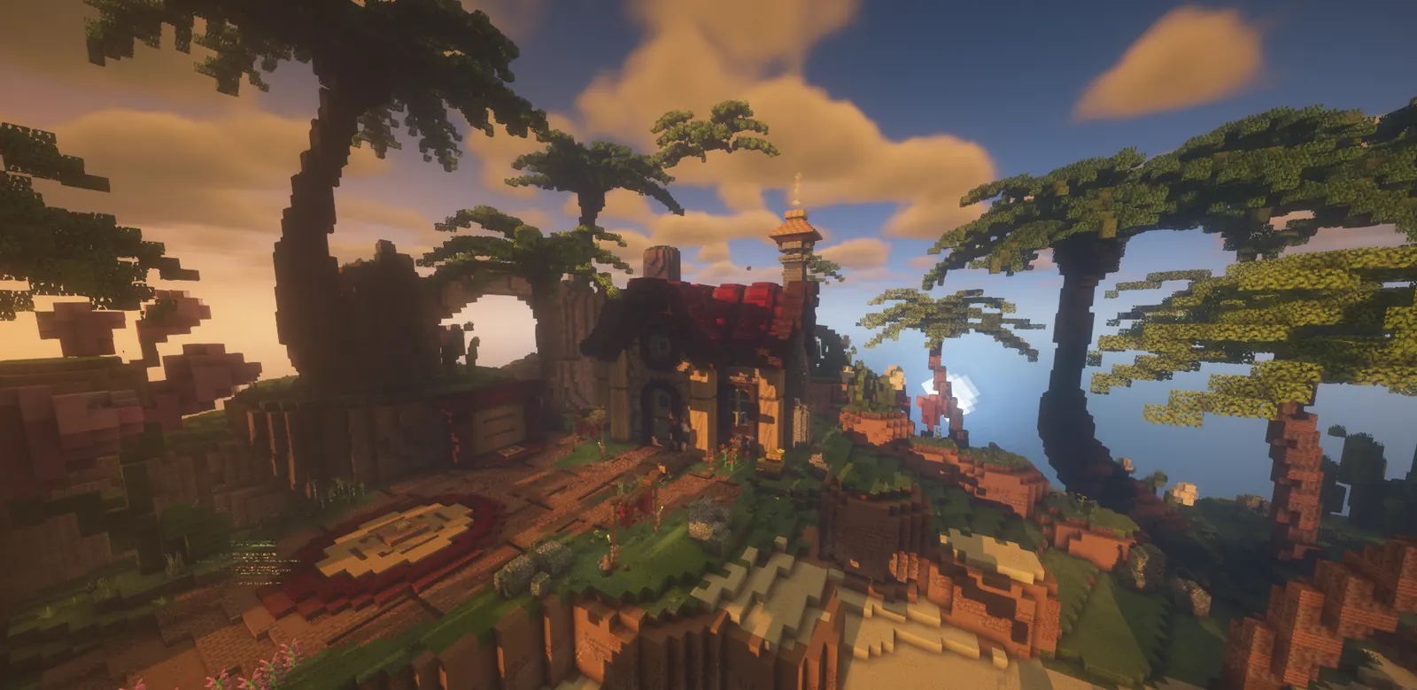 A red roofed cottage on the Gens map beneath the tree canopy