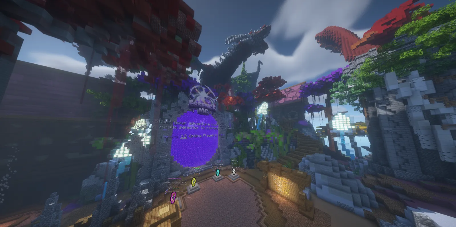 The EssenceMC hub: the realm selector portal beneath the dragon statue